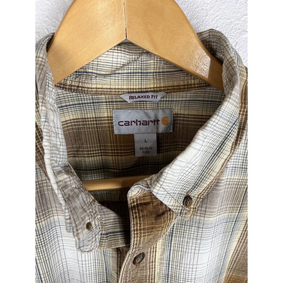 Carhartt Men's Size Large Brown Plaid Relaxed Fit Button Up Short Sleeve Shirt - Picture 3 of 7